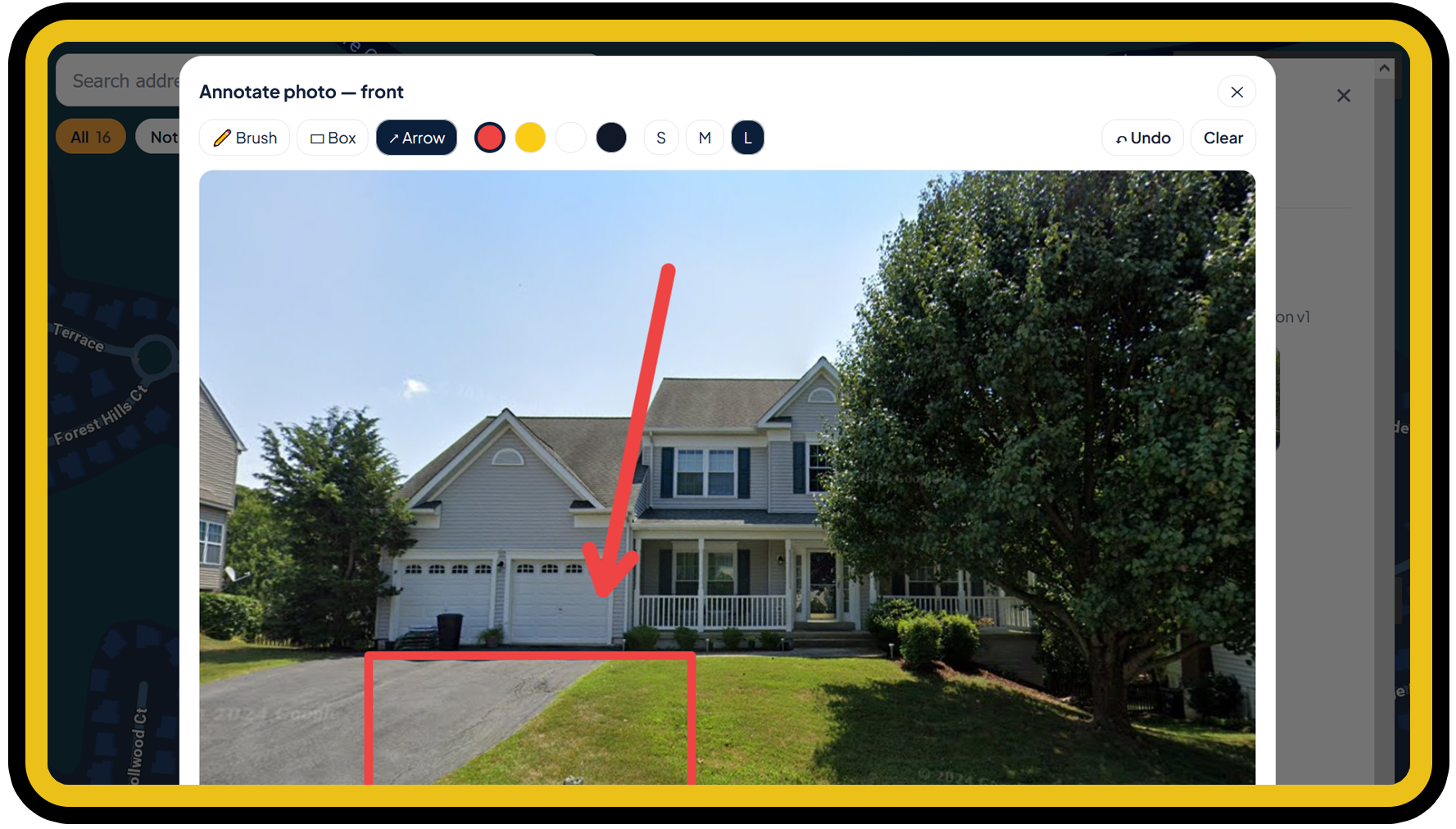 Photo annotation tool with brush, box, and arrow markup highlighting a compliance issue on a home's exterior photo.
