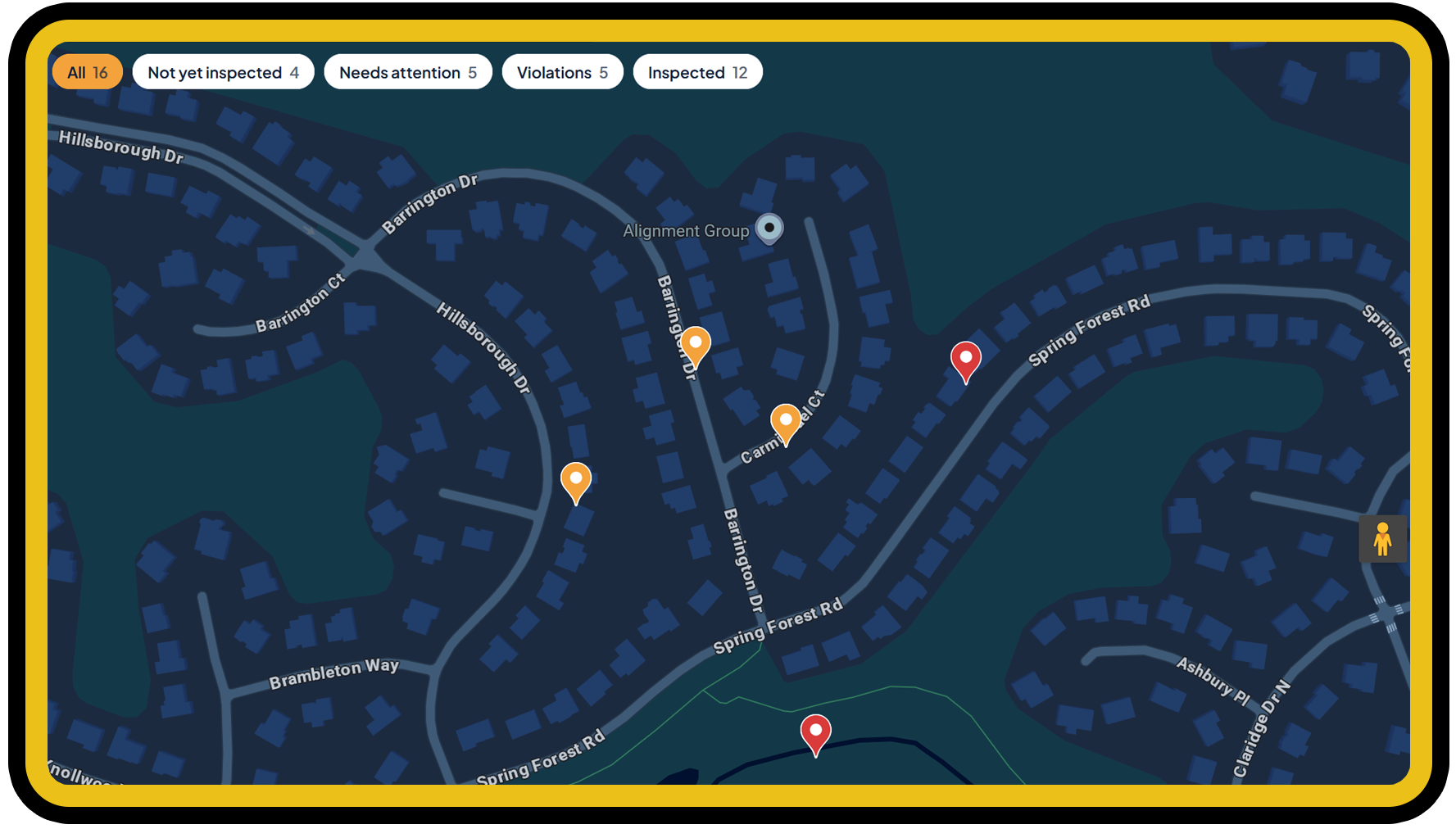 PorchLight community map with every home color-coded by inspection status and filters for not-yet-inspected, needs attention, violations, and inspected.