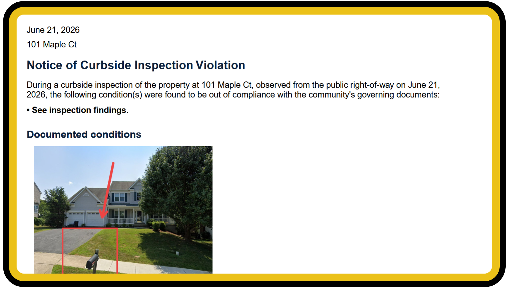 A generated Notice of Curbside Inspection Violation with the address, date, findings, and the documented photo.
